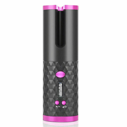 Black and pink electronic device with geometric pattern on a white background