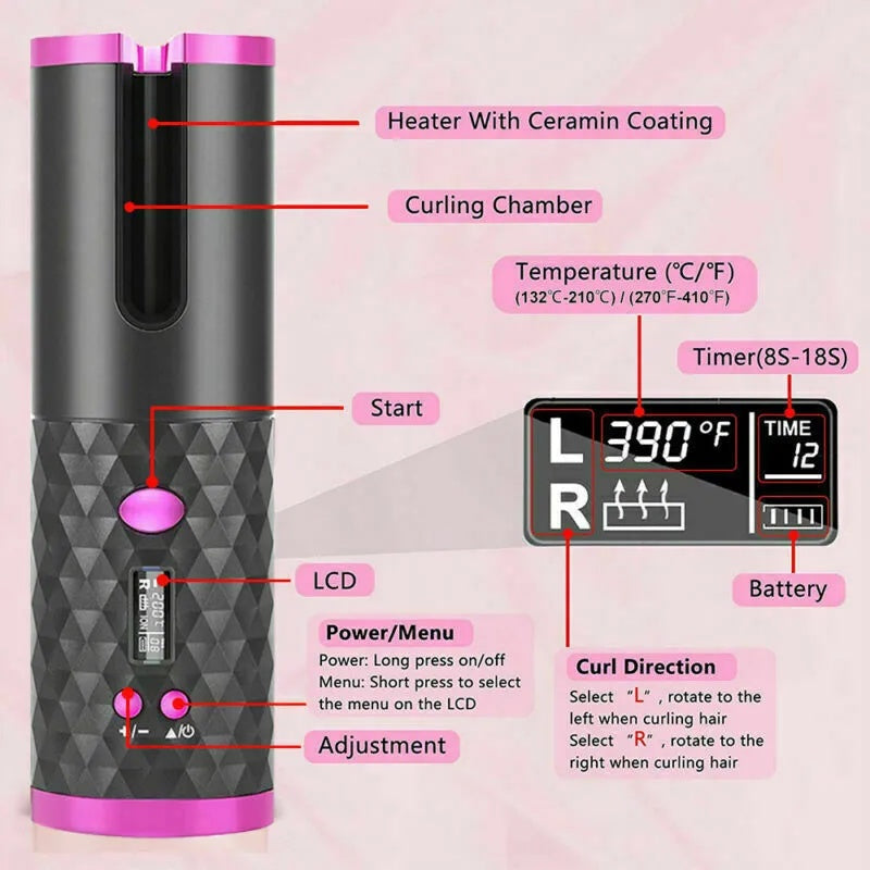 Cordless Automatic Hair Curler – Rechargeable USB Curling Wand, Portable Ceramic Curling Iron for Quick & Easy Curls
